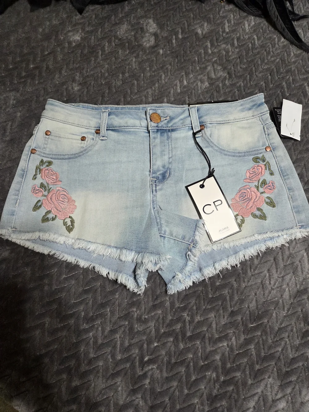 CP Light Blue Denim Shorts with Pink Rose Embroidery